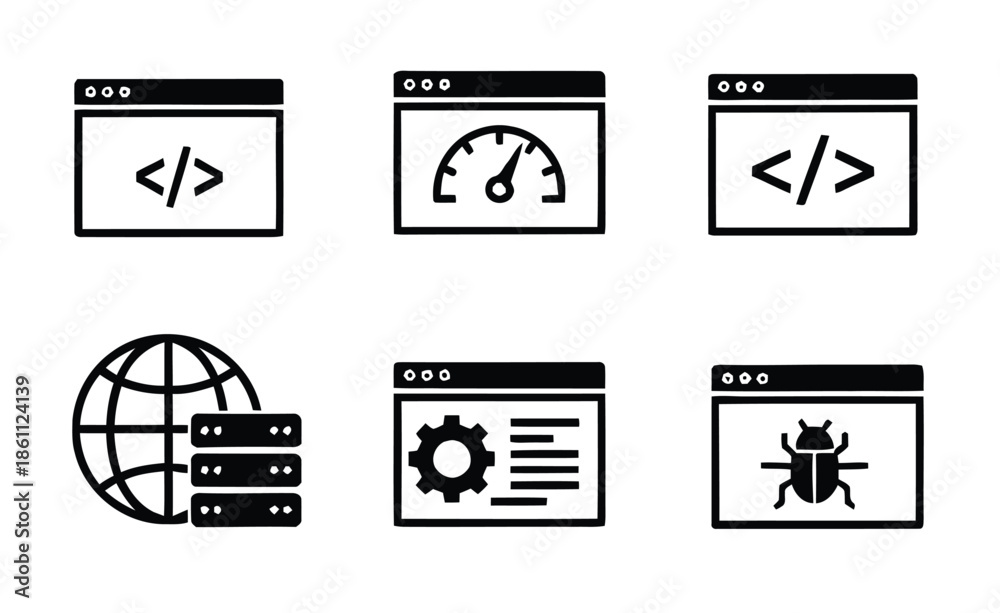 Fototapeta premium Tech Web Interfaces: Code Windows, Speed Metrics, Global Servers, Settings Gear, and Bug Monitoring Icons