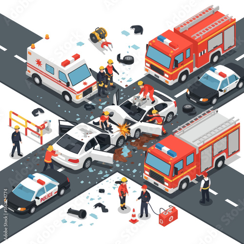 Emergency Vehicles and Responders at Accident Scene.