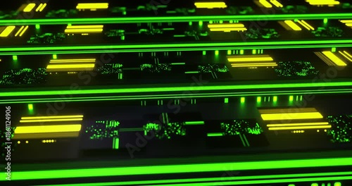 3D animation of a high-tech circuit board with moving data streams and neon lights representing hardware processing. Seamless loop animation