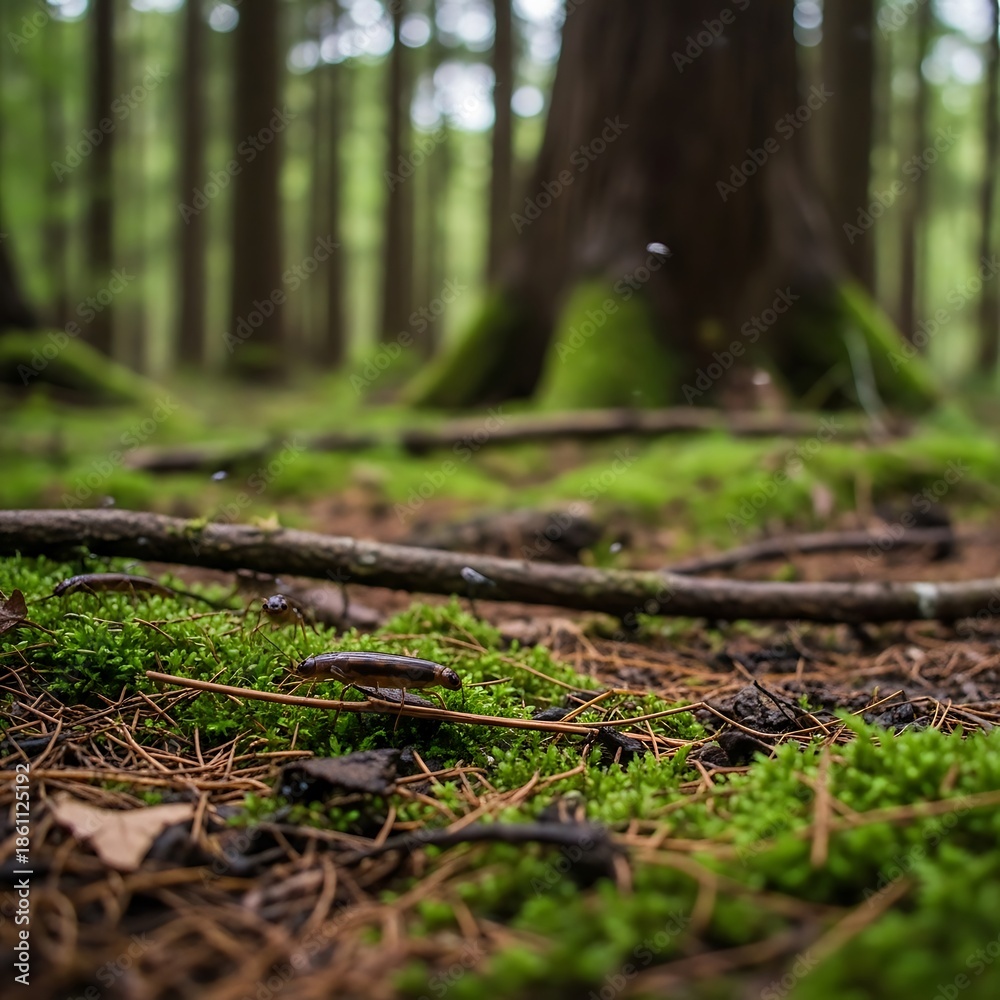 Obraz premium Mossy forest floor with trees.