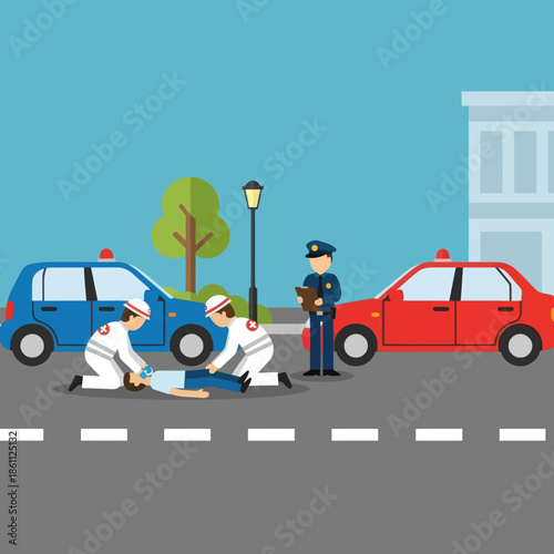 Police Officer Investigating Accident Scene with Paramedics.