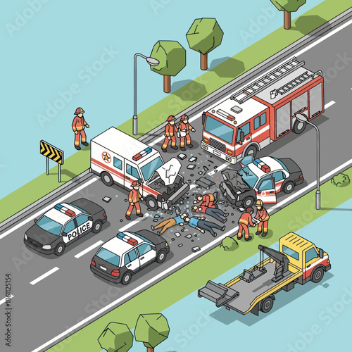 Emergency responders at a car accident scene.