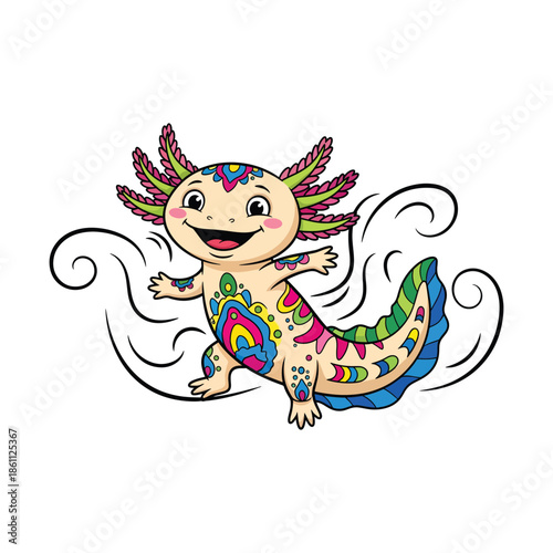Vibrant axolotl illustration with colorful patterns and swirling water elements