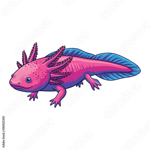 Vibrant axolotl illustration featuring pink and blue hues against a clean white background