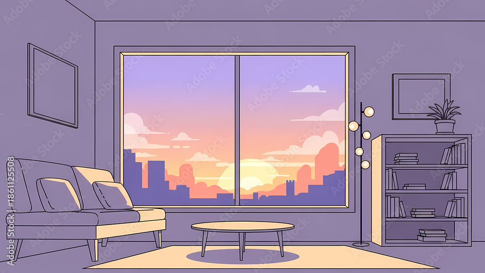 Fototapeta premium sunrise modern living room with beutiful scenery