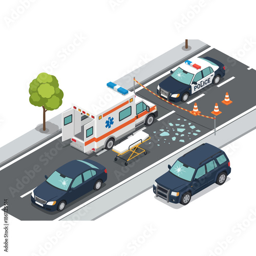 Ambulance and Police Car at Accident Scene.