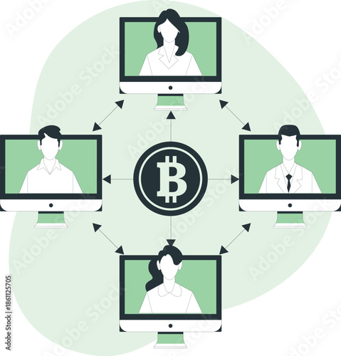 People working together on computers with a bitcoin symbol in the center, illustrating a collaborative online environment from a top-down viewpoint