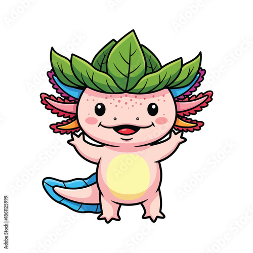 A cartoon axolotl with a smiling face and colorful gills standing on its feet in a white background
