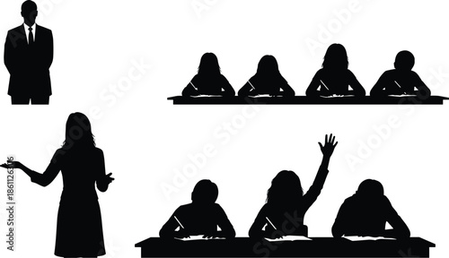 The image is a collection of black silhouettes on a white background, representing various scenes related to education or a professional setting.