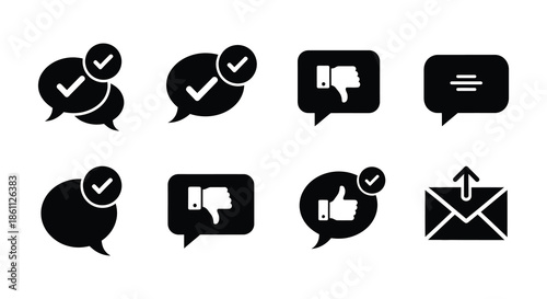 Collection of black speech bubble icons displaying feedback and communication a striking silhouette