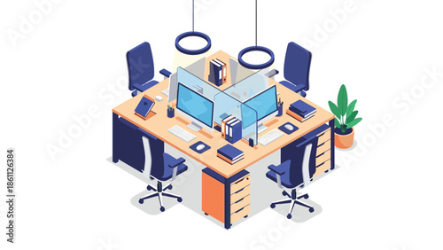Isometric four person office desk cluster with partitions, computer monitors, and rolling chairs illustrates a collaborative work environment.