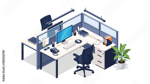 Modern isometric office workstation includes computer monitor, ergonomic chair, desk phone, and various stationery items for a workspace.