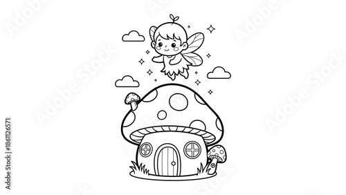 Whimsical Fairy and Mushroom House Line Art — Fantasy Coloring Page for Kids