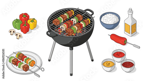 Backyard barbecue scene in isometric view features a grill with skewers, fresh peppers, bowls of rice, and various dipping sauces for a meal.