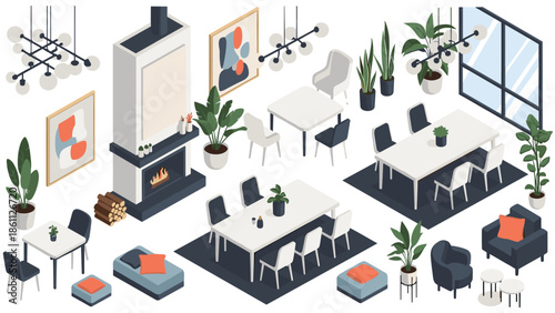 Modern isometric interior design elements include dining tables with chairs, a fireplace, lounge seating, and many decorative indoor plants.