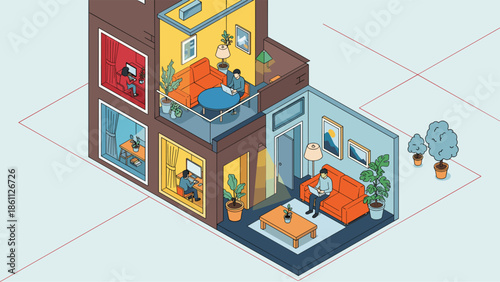 Isometric cutaway of a multi story building shows several people working in different rooms using laptops and sitting on orange sofas.