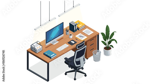 Modern isometric wooden office desk features a computer monitor, ergonomic chair, files, task lamps, and a small potted plant for decoration.