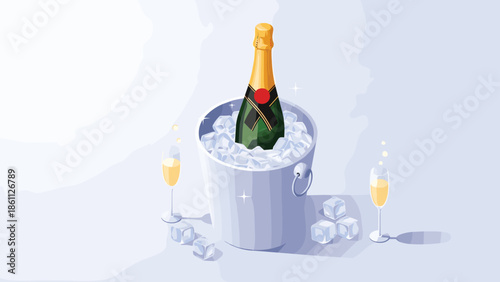 Luxurious isometric champagne bottle sits inside a silver ice bucket surrounded by two glasses and ice cubes on a light purple background.