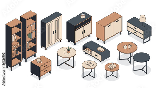 Collection of isometric wooden furniture features various styles of cabinets, bookshelves, and small round side tables for home interior use.