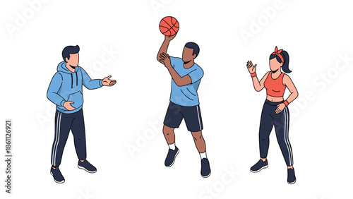 Isometric people engaging in fitness activities include a man playing basketball, a woman in gym clothes, and a man in a blue hoodie.