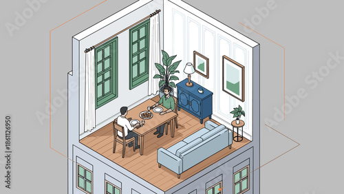 Isometric cutaway view of a modern dining room shows two men sitting at a table eating a meal together in a stylishly decorated apartment.