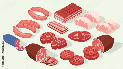 Extensive isometric collection of raw meat products includes sausages, steaks, bacon strips, hams, and burger patties on a light green surface.