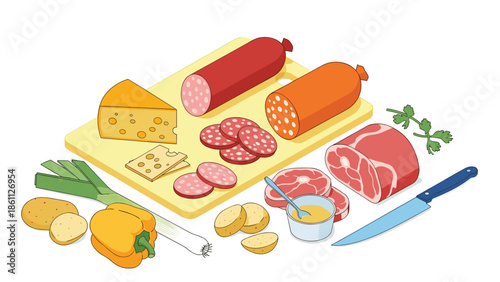 Isometric bedroom design features a large bed with pillows, two nightstands with lamps, wall art, and a big window overlooking the room.