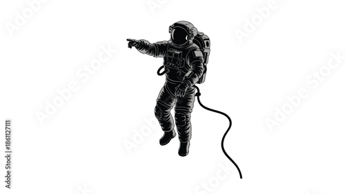 Black and white vector illustration of an astronaut floating in space pointing forward isolated on a clean white background background (20 words)
