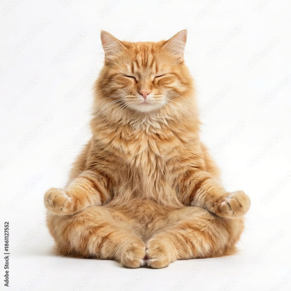 Fototapeta premium Orange tabby cat sitting in meditation pose with eyes closed and peaceful expression on white background