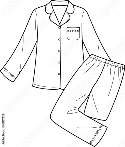Women Pajamas Set Technical Fashion Flat Sketch Illustration with Scalloped Trim Detail Button Up Shirt and Elastic Waistband Pants Loungewear
