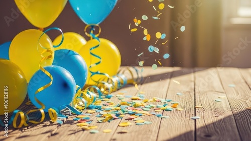 Close-up of yellow and blue balloons, confetti, and streamers on a wooden surface
