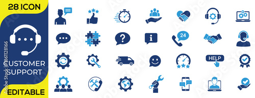Customer support and service icon set featuring help desk, call center, technical support, teamwork, communication, settings, chat, phone, and assistance symbols. Ideal for websites, apps, business pr