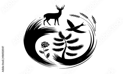 Nature Harmony Silhouette Vector Illustration in Circular Brush Stroke Design, Deer Bird Wheat Rose Pine Tree Elements, Black Wildlife and Flora Icon, Eco Friendly Spiritual Symbol, Yin Yang Inspired 