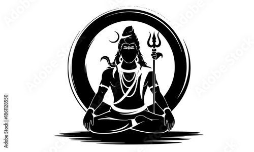 Lord Shiva Meditating Silhouette Vector in Lotus Pose, Mahadev with Trishul and Crescent Moon Halo, Black Icon Yoga Posture, Hindu God Spiritual Symbol, Maha Shivratri Artwork, Royalty Free Graphic 