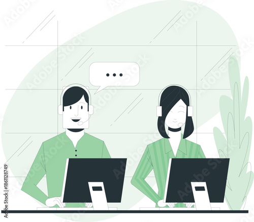 Two customer service representatives working together on computers in a modern office environment