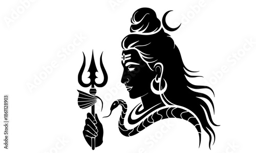 Lord Shiva Silhouette Vector with Trishul and Cobra Snake, Profile Black Icon, Mahadev with Serpent and Trident, Hindu God Spiritual Symbol, Maha Shivratri Artwork, Royalty Free Graphic Design