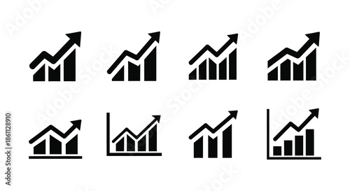 Collection of black bar graph icons illustrating growth and positive trends a strong silhouette