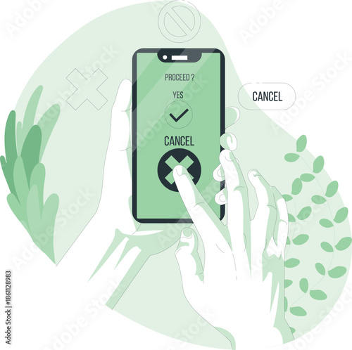 A hand holding a smartphone with a cancel button on the screen surrounded by leaves and medical symbols