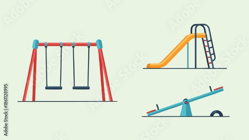 Playground equipment including swings slide and seesaw.