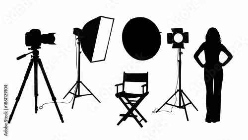 Photography studio equipment and silhouette of a woman.