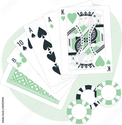 Poker cards and chips arranged on a table surface in a casino setting