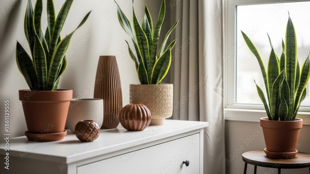 Fototapeta premium Indoor scene showcasing snake plants, various vases on a white cabinet, and a window
