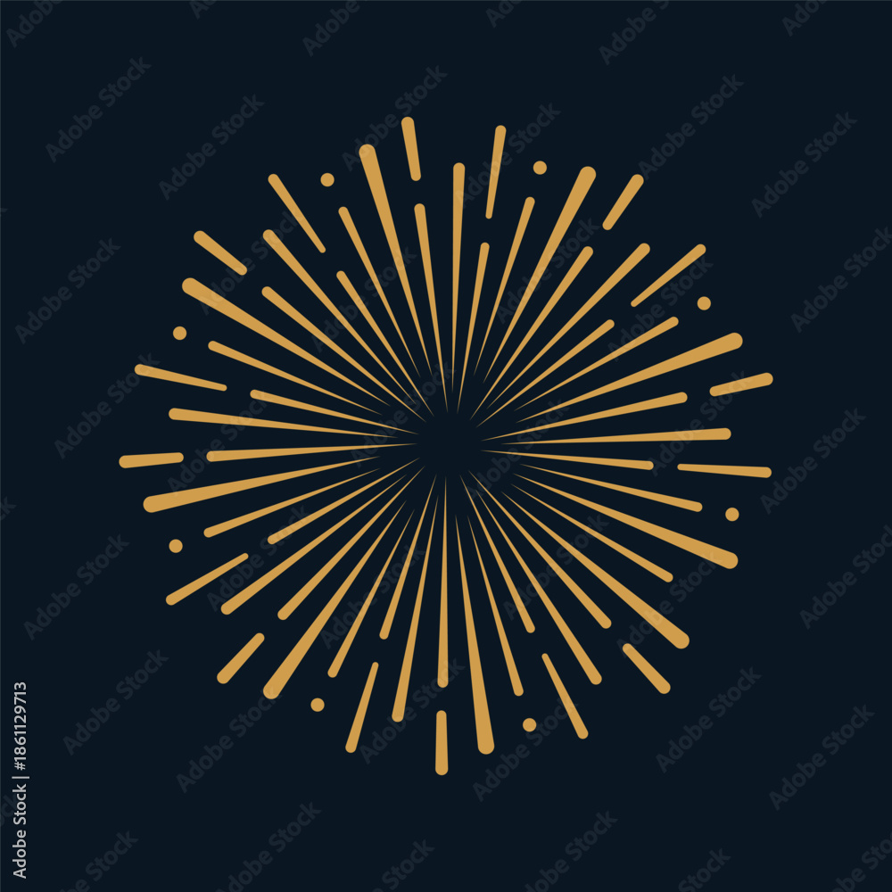 Obraz premium Golden fireworks burst with radiant orange-gold rays on a deep navy background, capturing festive New Year celebration energy. Ideal for holiday graphics, party invites, and seasonal stock vectors.
