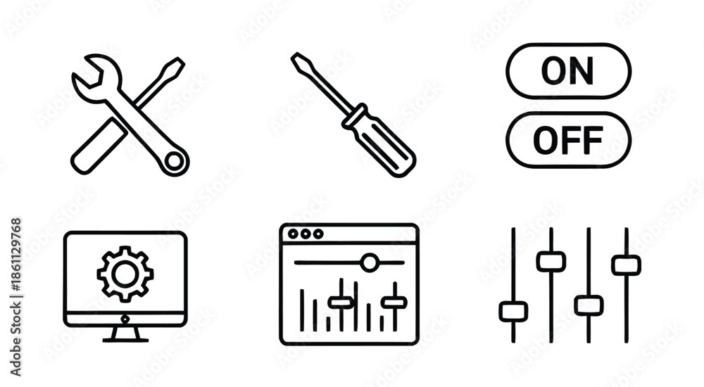 Fototapeta premium Tools And Tech Settings Icons For Computer Monitor, On/Off Switch, And Control Sliders