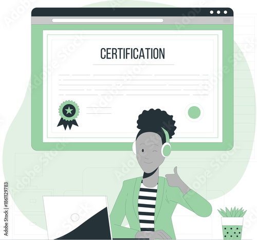 A woman giving a thumbs up while working on certification on her laptop