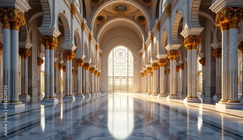 Grand Modern Mosque Interior with White Marble Pillars and Golden Accents