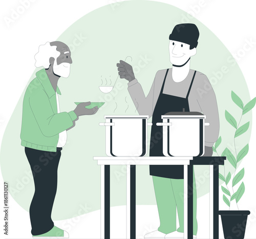 Two people wearing masks examining food containers on a table outdoors