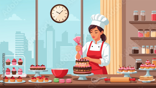 Confectioner decorating a cake in a bakery, detailed vector illustration showcasing culinary artistry and sweet creations