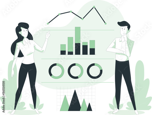 Two professionals analyzing business data on a large screen with various charts and graphs