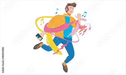 Happy cute man listen to music.Dude with headphones.
a man listening music with headphones. Cartoon young guys in casual clothes with audio players vector Illustration set